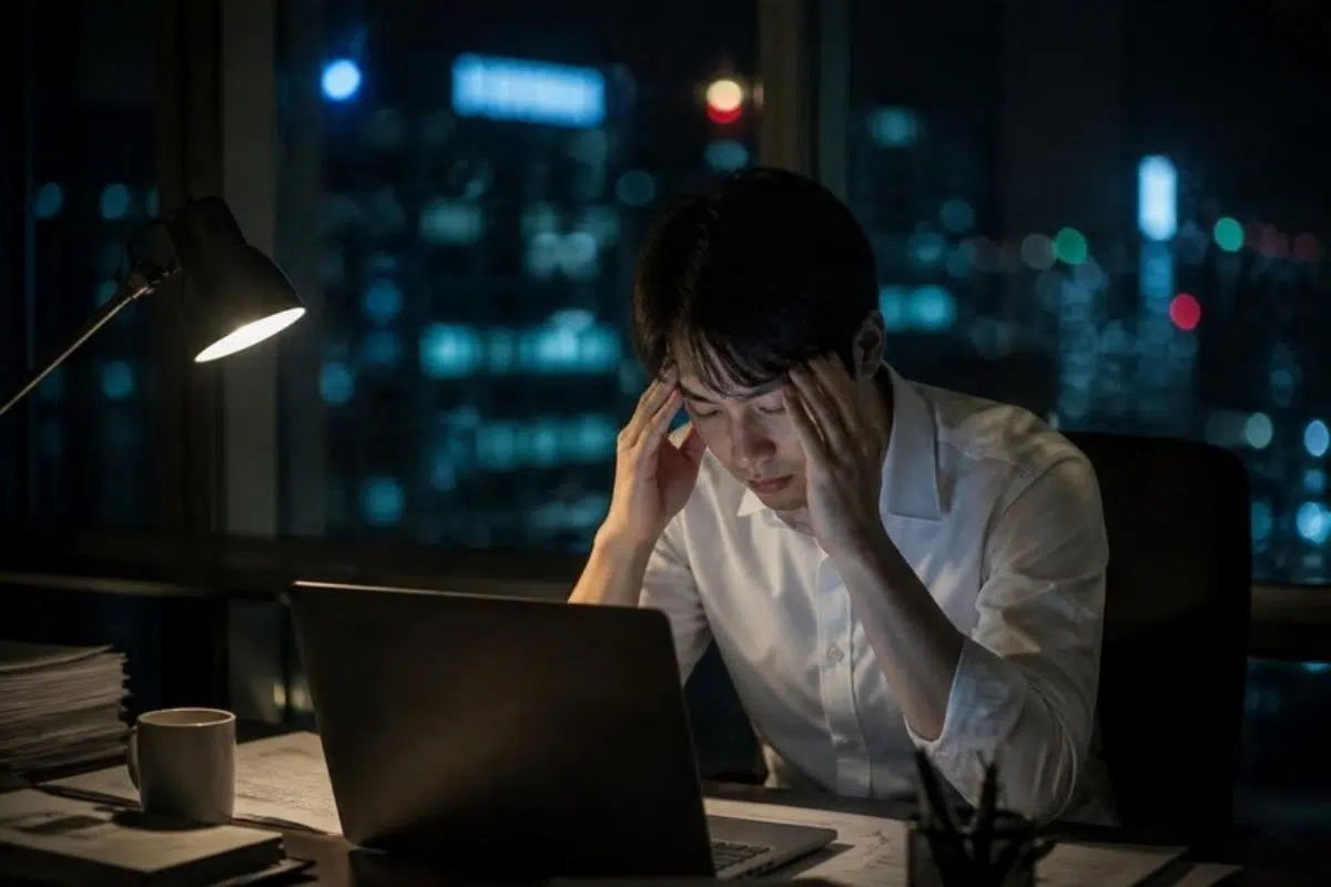 Stressed office worker at a desk late at night