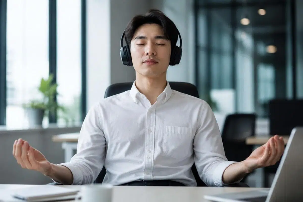 Office worker meditating at his desk with headphones