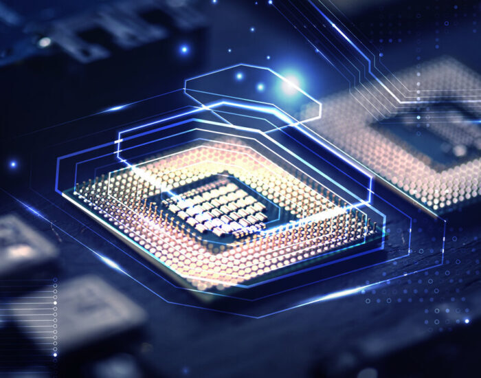 Smart microchip background on a motherboard closeup technology r