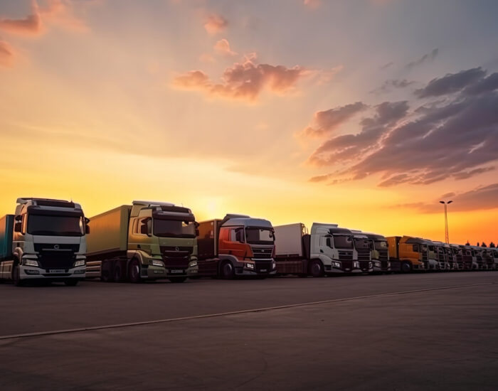 many transport trucks parked at a service station at sunset. Ai generative