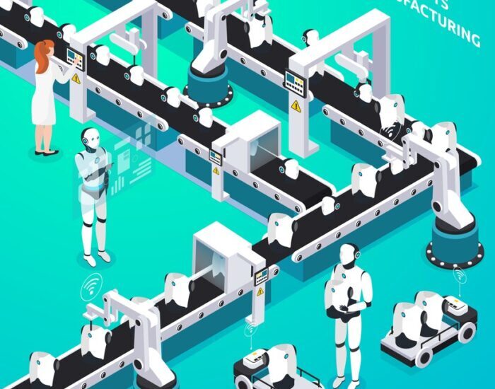 home robots automated manufacturing line with woman humanoid operators controlling process isometric composition 1284 32430 700x550