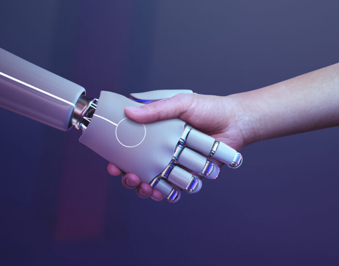 Robot handshake human background, futuristic digital age