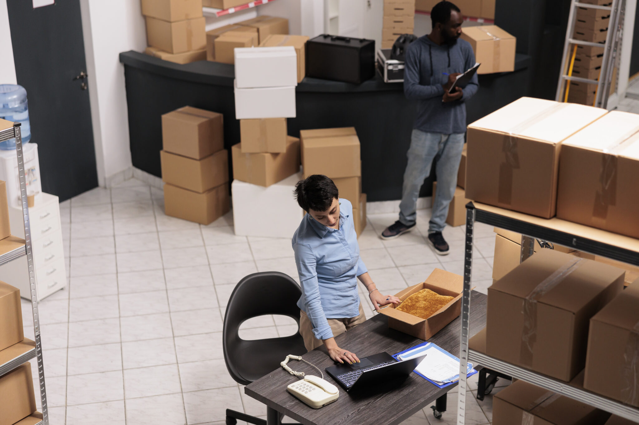 top view warehouse supervisor packing client clothes order cardboard box while checking shipping details laptop computer team working storehouse delivery department scaled