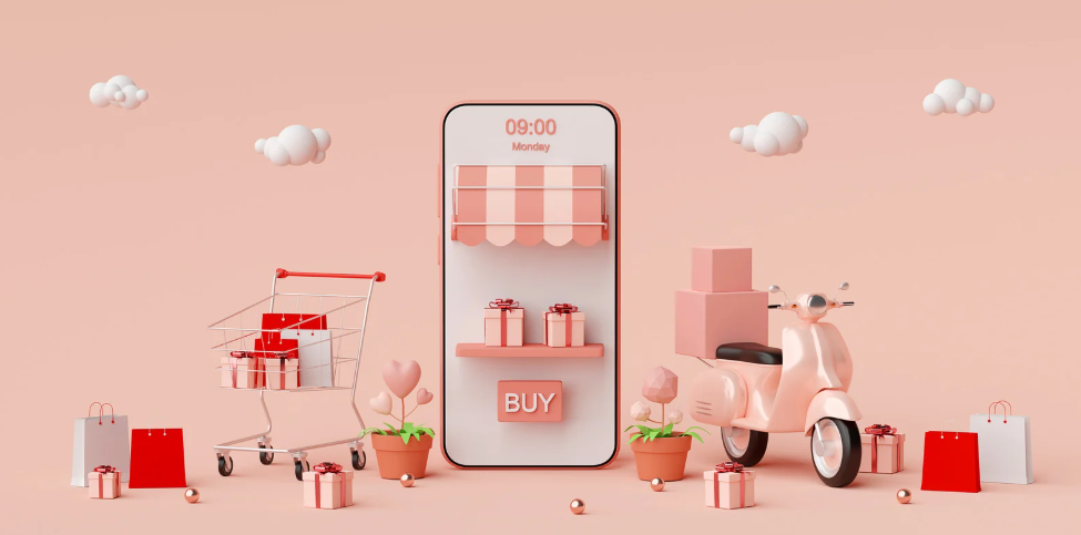 a mobile phone with a pink scooter and boxes