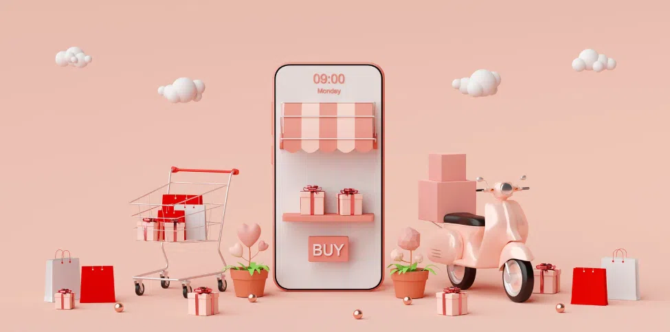 a mobile phone with a pink scooter and boxes