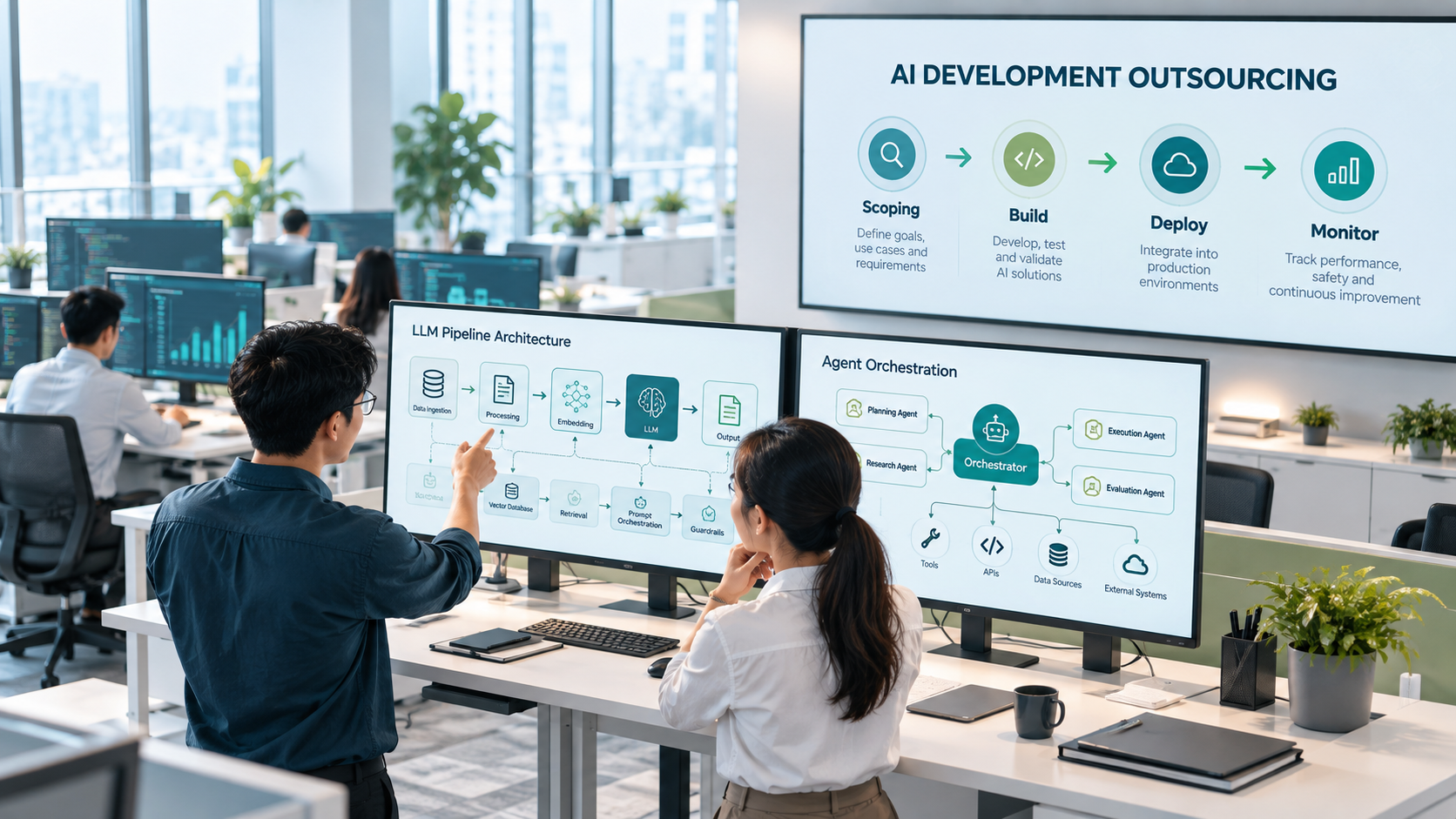 AI development outsourcing team working on enterprise system deployment