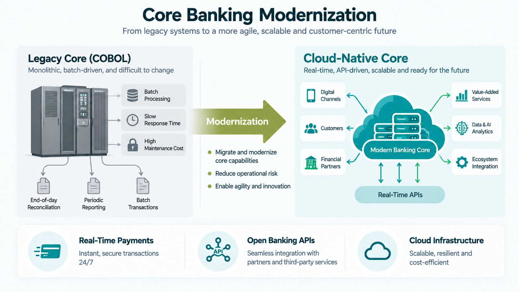 Core banking modernization architecture diagram showing legacy system transition to cloud-native platform
