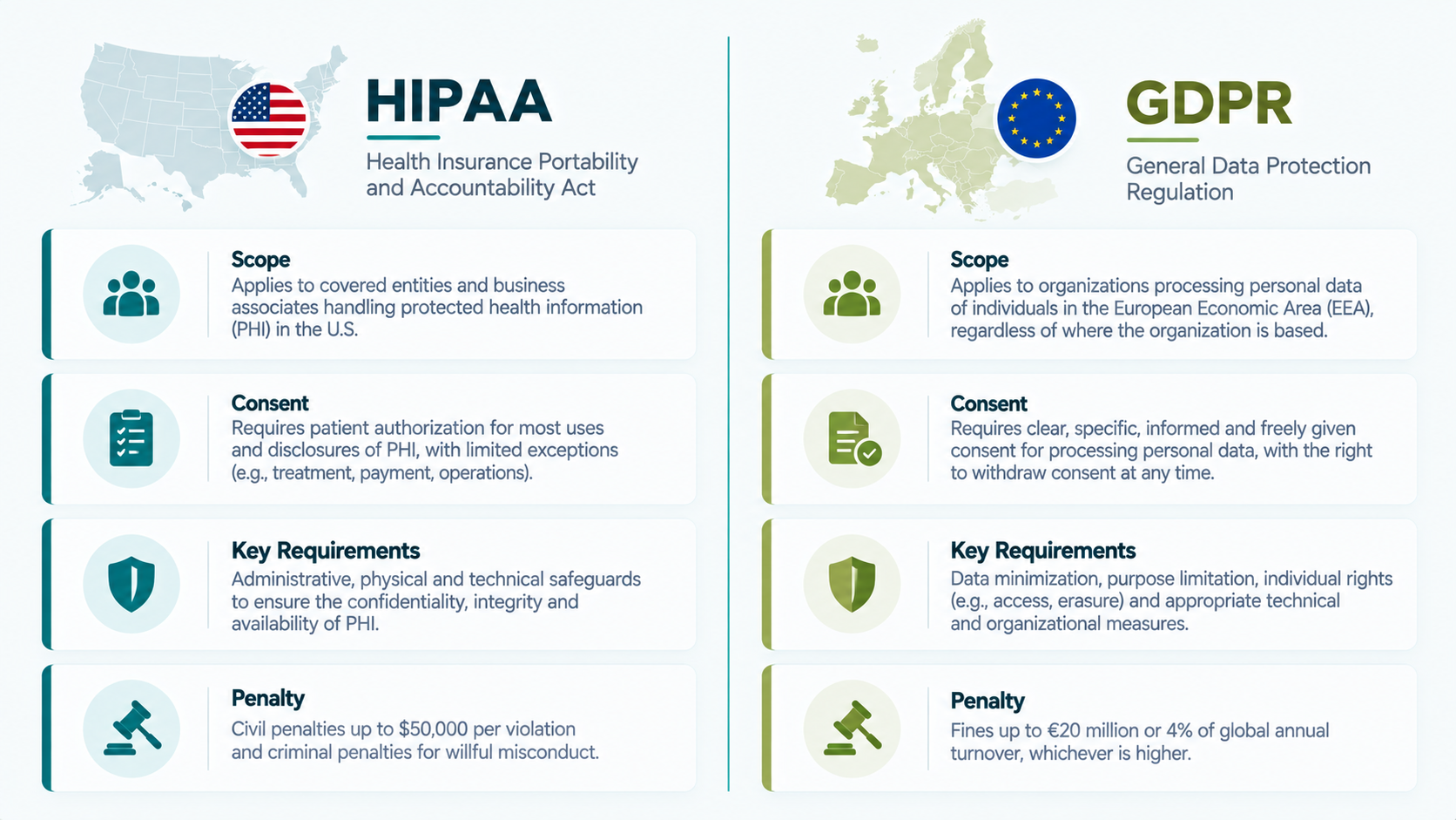 HIPAA vs GDPR comparison scope consent penalties healthcare