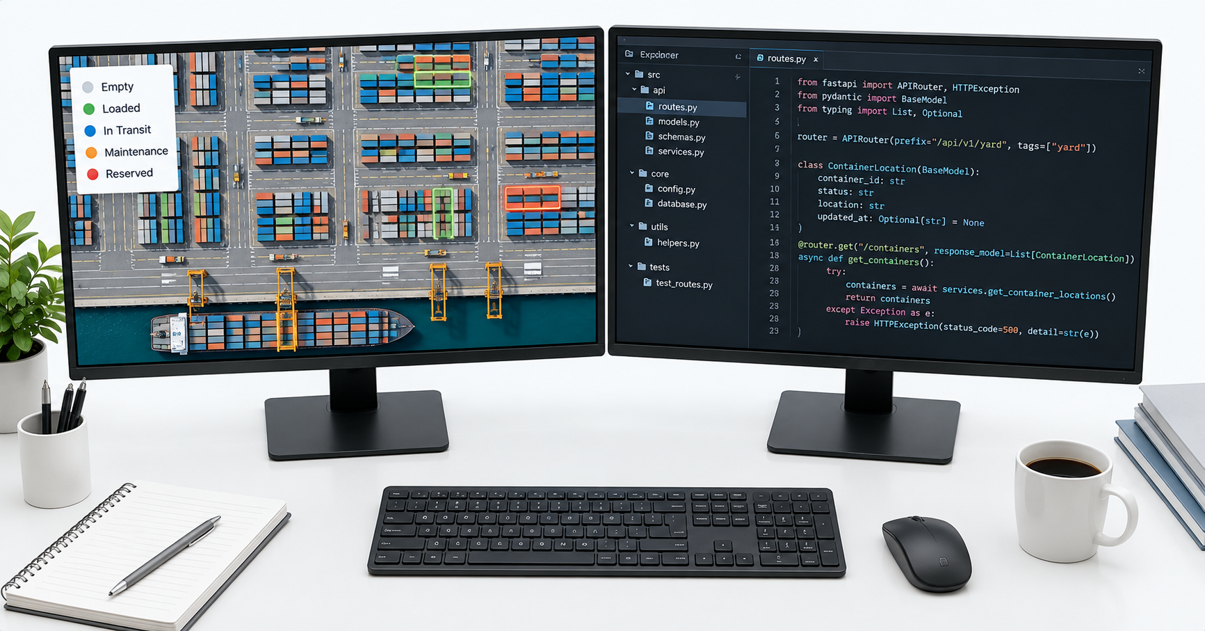Logistics software developer reviewing warehouse management system dashboard with container tracking data