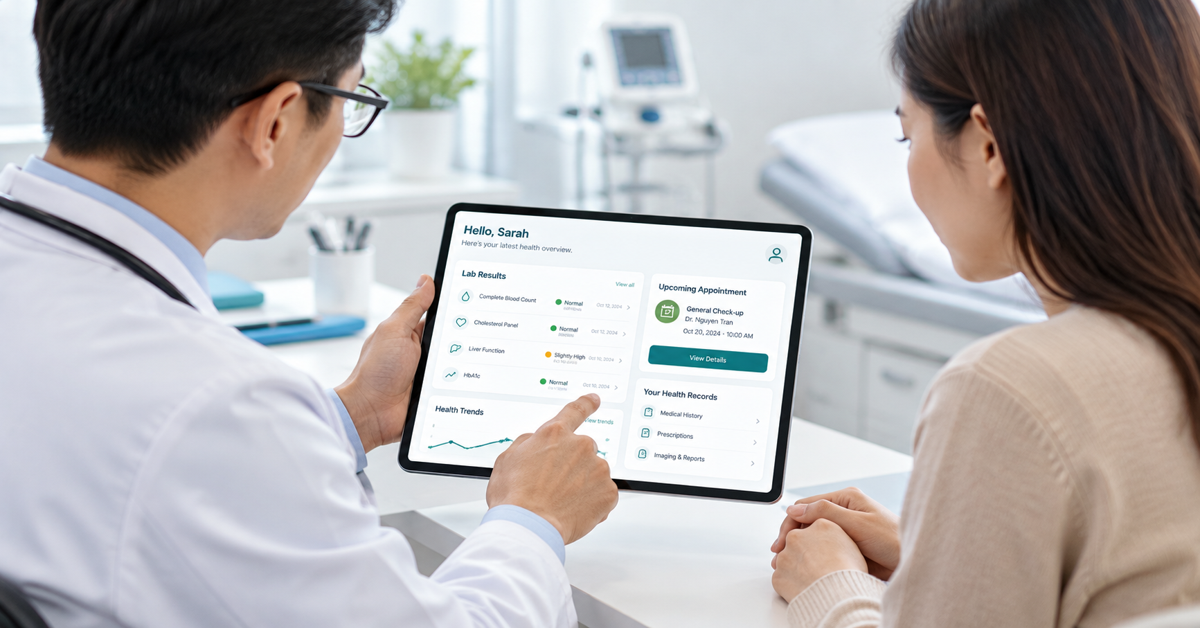 Patient portal development doctor and patient reviewing health records on a tablet