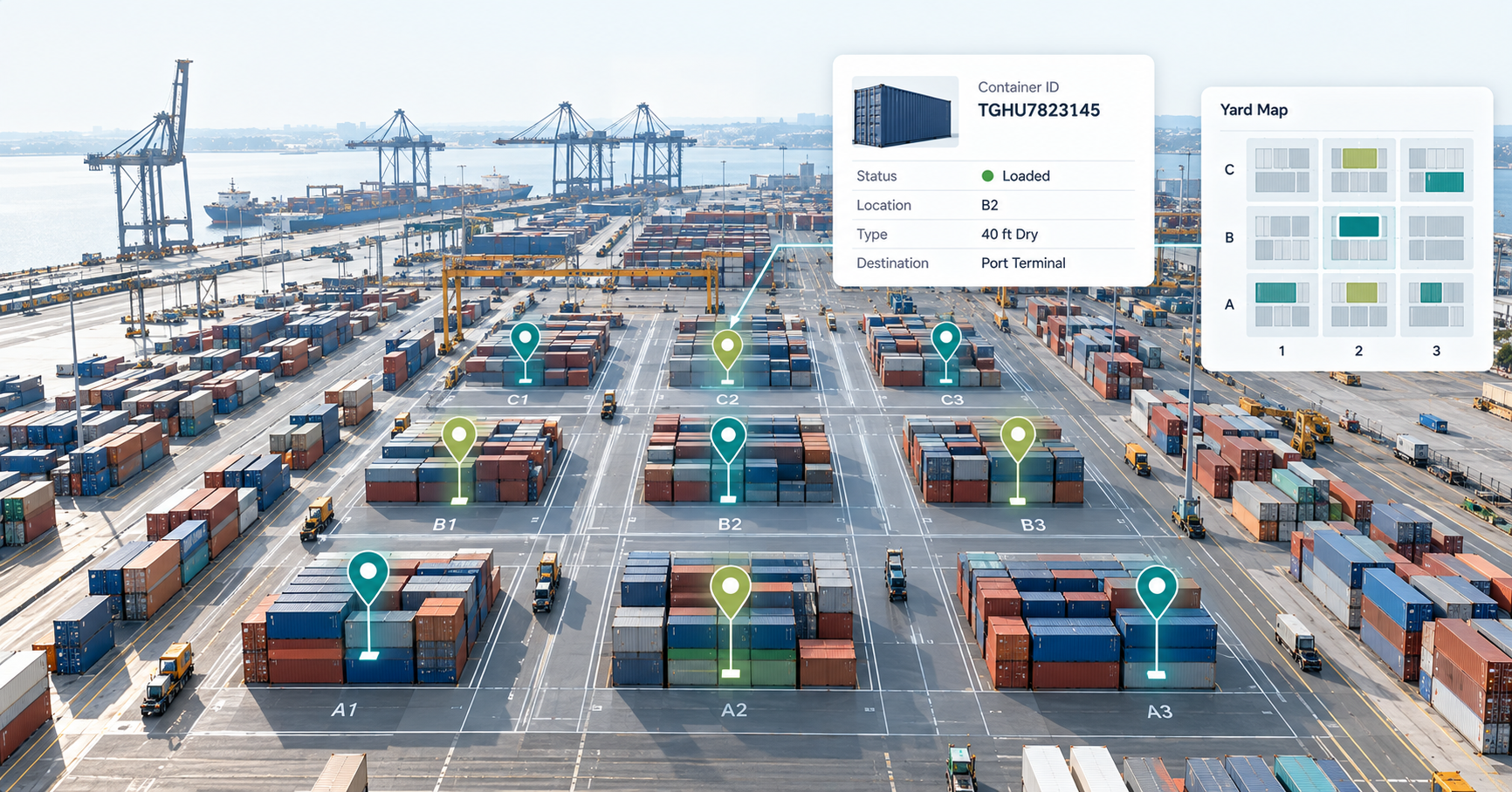 	AI-powered container yard with camera towers monitoring hundreds of containers and a digital tracking dashboard overlay
